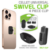 CLIP4BLACK - Cellet Universal Swivel Clip Set – 4-Piece Mount Kit for Phones, Walkie-Talkies & Remotes – 360° Rotation, Quick Release, Belt Clip & Double-Sided Adhesive Mount