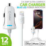 PAPP5GWB- Cellet 2.4Amp Ultra Compact Car Charger with 4ft Lightning Cable – Fast Charging for iPhone, iPad, and iPod – Apple MFi Certified – Blue LED Power Indicator