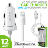 PAPP5GWB- Cellet 2.4Amp Ultra Compact Car Charger with 4ft Lightning Cable – Fast Charging for iPhone, iPad, and iPod – Apple MFi Certified – Blue LED Power Indicator