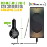 PUSBC30R - Cellet Retractable USB-C Car Charger – 15W Fast Charging, 3.3ft Cable, 3A Output, Blue LED Indicator – Compatible with Apple iPhone 15/16 Series & Android USB-C Devices – Compact, Tangle-Free