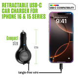 PUSBC30R - Cellet Retractable USB-C Car Charger – 15W Fast Charging, 3.3ft Cable, 3A Output, Blue LED Indicator – Compatible with Apple iPhone 15/16 Series & Android USB-C Devices – Compact, Tangle-Free