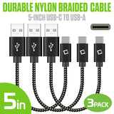 DCA4IN3 - Cellet 3-Pack USB-C to USB-A Short Cable 5-Inch | Durable Nylon Braided Fast Charging & Data Sync Cord | Compatible with iPhone 15/16, Samsung Galaxy S24/FE, Google Pixel, iPad, Tablet, Switch