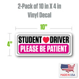 SKSDPK - Student Driver Vinyl Decal Sticker – 2 Pack (10" x 4") – Weatherproof, Easy-Remove – "Please Be Patient" Safety Sign – Made in USA
