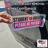 SKSDPK - Student Driver Vinyl Decal Sticker – 2 Pack (10" x 4") – Weatherproof, Easy-Remove – "Please Be Patient" Safety Sign – Made in USA