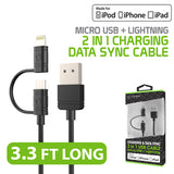 DAAPP5TK - Cellet 2-in-1 Charging & Data Sync Cable – 3.3FT Micro USB & Apple Lightning Connector – MFi Certified for iPhone, iPad, iPod & Android Devices