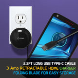 TCUSBCR30 - Cellet High Powered 3Amp / 15Watt USB Type-C Retractable Home Charger for Samsung Galaxy 10 10+ Note 10 Google Pixel 3 XL LG G5, Nexus 5X, Nexus 6P, Nokia Lumia 950/950 XL, OnePlus 2