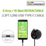 TCUSBCR30 - Cellet High Powered 3Amp / 15Watt USB Type-C Retractable Home Charger for Samsung Galaxy 10 10+ Note 10 Google Pixel 3 XL LG G5, Nexus 5X, Nexus 6P, Nokia Lumia 950/950 XL, OnePlus 2